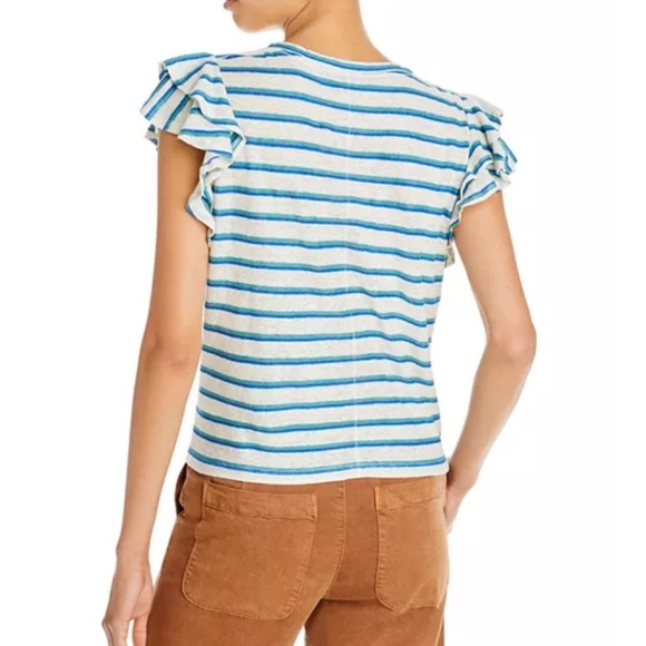 Veronica Beard Akeela Striped Tee  Ruffle Sleeve Top - Blue and White size M​ - Picture 2 of 3